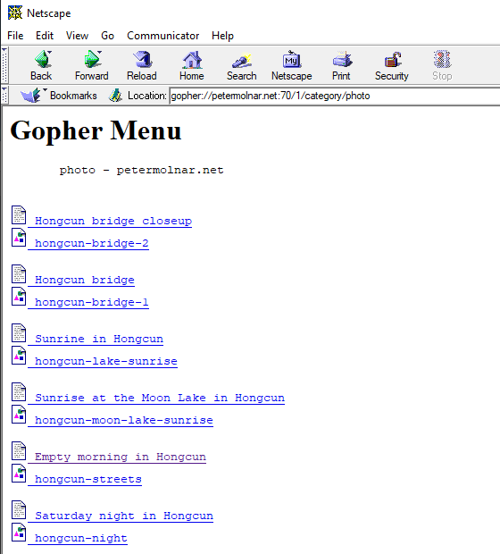 A Gopher menu with a variety of photos and metadata for download